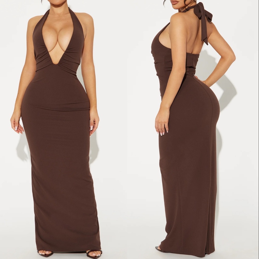 FN ~ Plunge Neckline Halter Maxi Dress - Brown (M) (NWT)